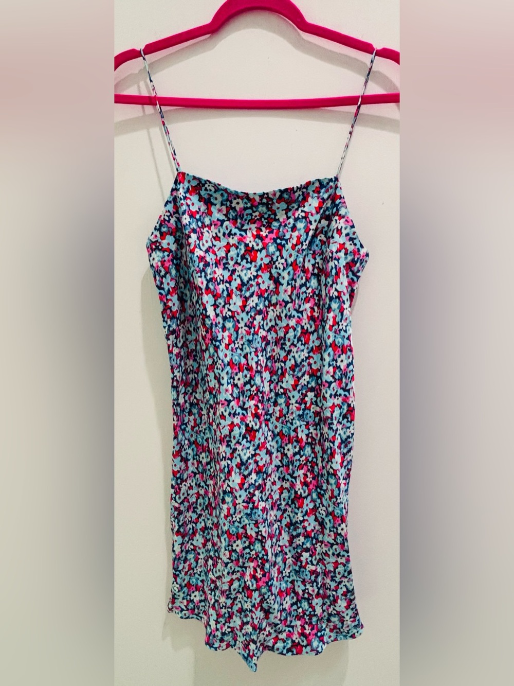 Floral Slip Mini Dress with Spaghetti Straps - Blue & Pink